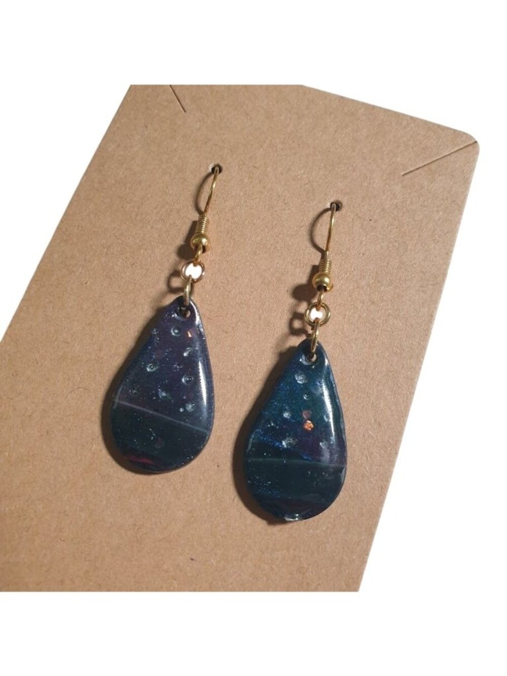 Resin Teardrop Glitter Dangle Hook Earrings Gold Tone Accents Lightweight Simple